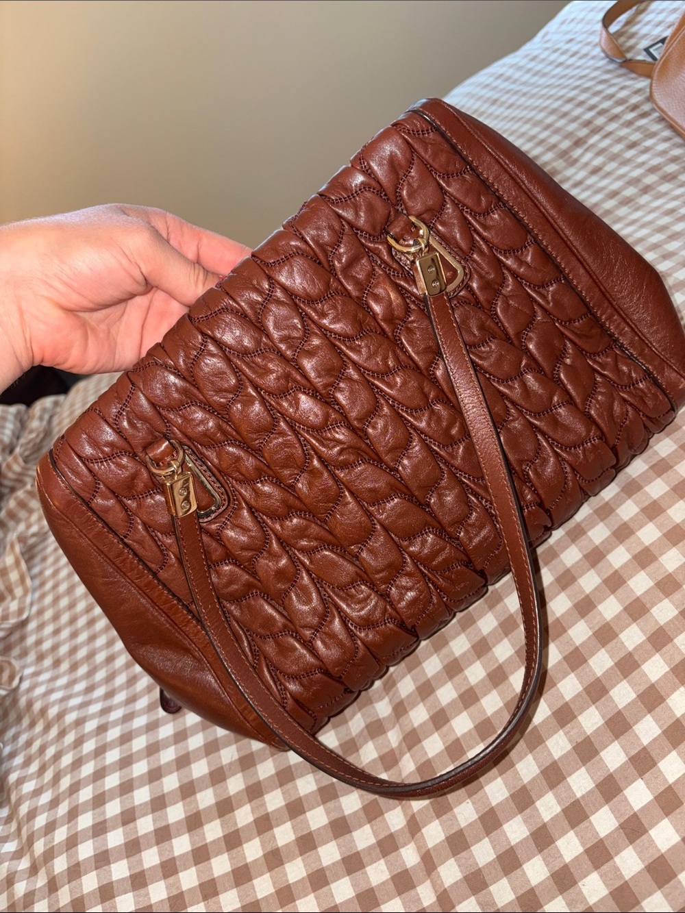 Quilted Brown Leather Tote Bag with Gold Hardware - Picture 4 of 4